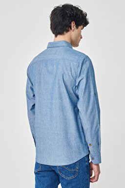 Regular Fit Normal Kesim %100 Pamuk Mavi Jean Kot Gömlek - Rinse-L23104736 (görsel 6)