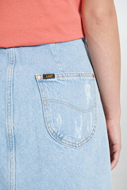 Regular Fit Normal Kesim %100 Pamuk Yüksek Bel Mavi Jean Kot Etek - Mid Blue-L231062XT (görsel 4)
