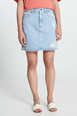 Regular Fit Normal Kesim %100 Pamuk Yüksek Bel Mavi Jean Kot Etek - Mid Blue-L231062XT (görsel 5)
