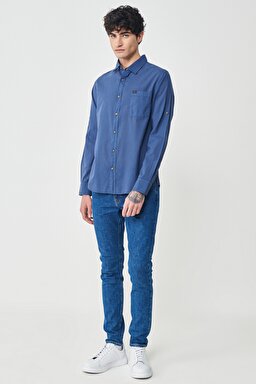 Regular Fit Normal Kesim %100 Pamuk Lacivert Uzun Kollu Gömlek - Navy-L231068410 (görsel 5)