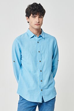 Regular Fit Normal Kesim %100 Pamuk Mavi Uzun Kollu Gömlek - Blue-L231069400 (görsel 3)