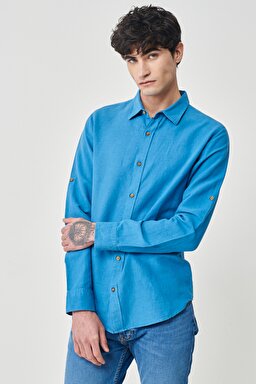 Regular Fit Normal Kesim %100 Pamuk Koyu Mavi Uzun Kollu Gömlek - Dark Blue-L231069408 (görsel 3)