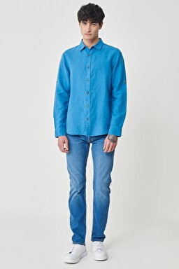 Regular Fit Normal Kesim %100 Pamuk Koyu Mavi Uzun Kollu Gömlek - Dark Blue-L231069408 (görsel 5)