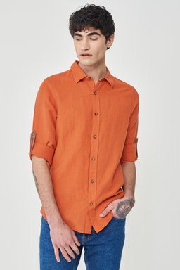 Regular Fit Normal Kesim %100 Pamuk Turuncu Uzun Kollu Gömlek - Orange-L231069700 (görsel 4)