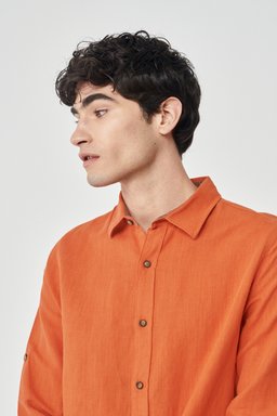 Regular Fit Normal Kesim %100 Pamuk Turuncu Uzun Kollu Gömlek - Orange-L231069700 (görsel 5)