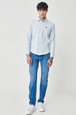 Regular Fit Normal Kesim %100 Pamuk Mavi Uzun Kollu Gömlek - Blue-L231081400 (görsel 4)