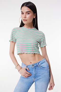 Slim Fit Dar Kesim Bisiklet Yaka Kısa Kollu Crop Renkli Esnek Tişört - Multi-L231112900 (görsel 2)