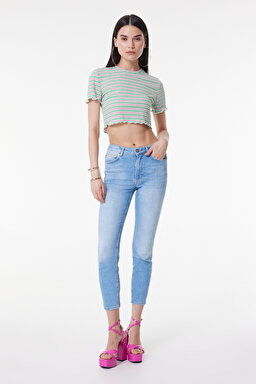Slim Fit Dar Kesim Bisiklet Yaka Kısa Kollu Crop Renkli Esnek Tişört - Multi-L231112900 (görsel 3)