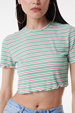Slim Fit Dar Kesim Bisiklet Yaka Kısa Kollu Crop Renkli Esnek Tişört - Multi-L231112900 (görsel 4)