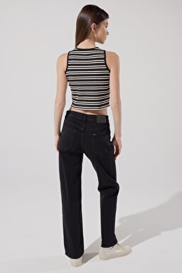 Slim Fit Dar Kesim Bisiklet Yaka Kolsuz Crop Siyah Çizgili Esnek Tişört - Black-L231133001 (görsel 8)