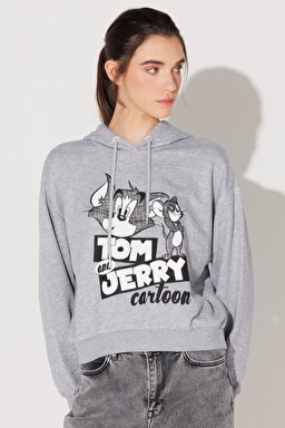 Regular Fit Normal Kesim Kapüşonlu Gri Melanj Tom ve Jerry Baskılı Sweatshirt - Gray-L231211035