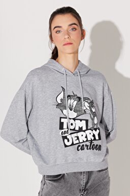 Regular Fit Normal Kesim Kapüşonlu Gri Melanj Tom ve Jerry Baskılı Sweatshirt - Gray-L231211035 (görsel 2)
