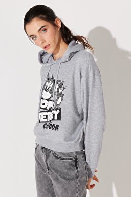 Regular Fit Normal Kesim Kapüşonlu Gri Melanj Tom ve Jerry Baskılı Sweatshirt - Gray-L231211035 (görsel 3)