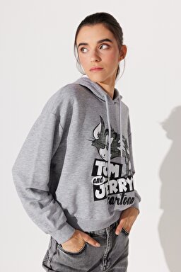 Regular Fit Normal Kesim Kapüşonlu Gri Melanj Tom ve Jerry Baskılı Sweatshirt - Gray-L231211035 (görsel 4)