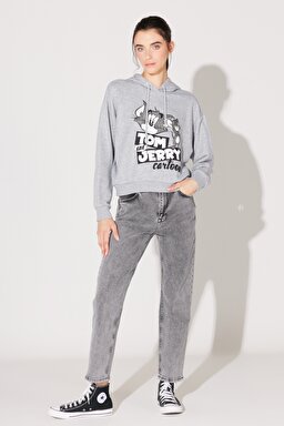 Regular Fit Normal Kesim Kapüşonlu Gri Melanj Tom ve Jerry Baskılı Sweatshirt - Gray-L231211035 (görsel 6)