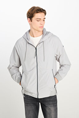 Regular Fit Normal Kesim Kapüşonlu Gri Yağmurluk Ceket - Light Gray-L231225032