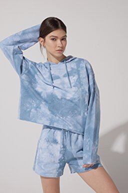 Regular Fit Normal Kesim %100 Pamuk Kapüşonlu Yaka Desenli Sweatshirt - Blue-L231230400 (görsel 2)