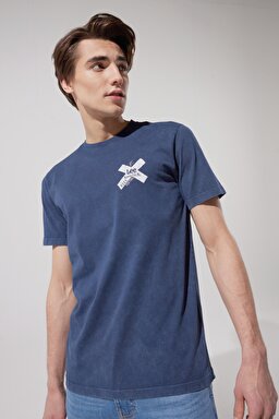 Regular Fit Normal Kesim %100 Pamuk Bisiklet Yaka Mavi Tişört - Blue-L231258400 (görsel 2)