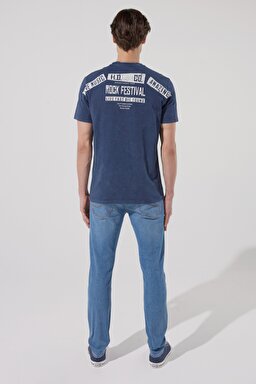 Regular Fit Normal Kesim %100 Pamuk Bisiklet Yaka Mavi Tişört - Blue-L231258400 (görsel 5)