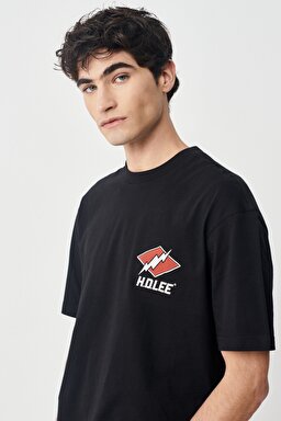 Loose Fit Rahat Kesim %100 Pamuk Bisiklet Yaka Siyah Tişört - Black-L231260001 (görsel 5)