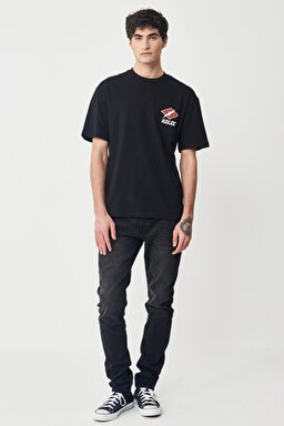 Loose Fit Rahat Kesim %100 Pamuk Bisiklet Yaka Siyah Tişört - Black-L231260001 (görsel 6)