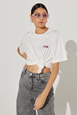 Loose Fit Rahat Kesim %100 Pamuk Bisiklet Yaka Kırık Beyaz Tişört - Off White-L231266102