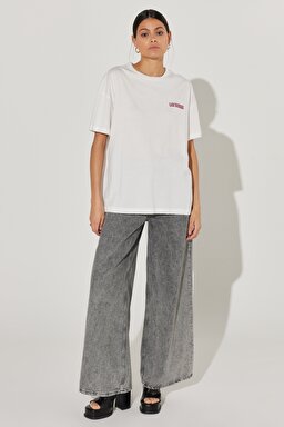 Loose Fit Rahat Kesim %100 Pamuk Bisiklet Yaka Kırık Beyaz Tişört - Off White-L231266102 (görsel 6)