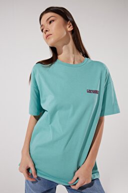 Loose Fit Rahat Kesim %100 Pamuk Bisiklet Yaka Mint Yeşili Tişört - Dusty Jade-L23126641