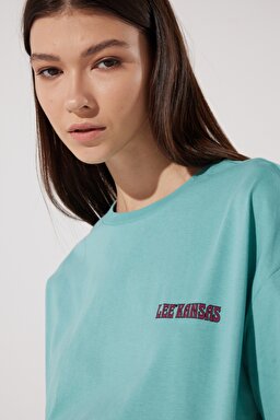 Loose Fit Rahat Kesim %100 Pamuk Bisiklet Yaka Mint Yeşili Tişört - Dusty Jade-L23126641 (görsel 4)
