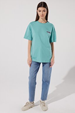 Loose Fit Rahat Kesim %100 Pamuk Bisiklet Yaka Mint Yeşili Tişört - Dusty Jade-L23126641 (görsel 6)