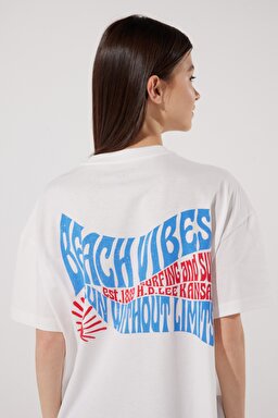 Loose Fit Rahat Kesim %100 Pamuk Bisiklet Yaka Kırık Beyaz Tişört - Off White-L231273102 (görsel 3)