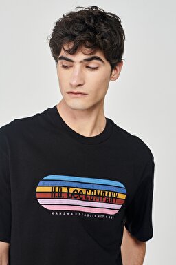 Loose Fit Rahat Kesim %100 Pamuk Bisiklet Yaka Siyah Tişört - Black-L231292001 (görsel 3)