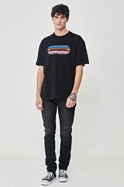 Loose Fit Rahat Kesim %100 Pamuk Bisiklet Yaka Siyah Tişört - Black-L231292001 (görsel 4)