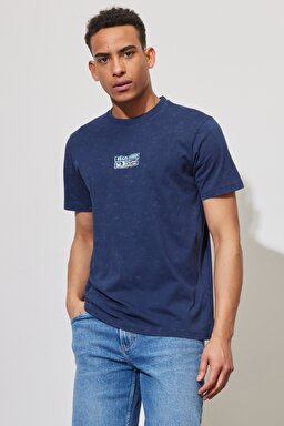 Regular Fit Normal Kesim %100 Pamuk Bisiklet Yaka İndigo Tişört - Indigo-L231307315 (görsel 4)