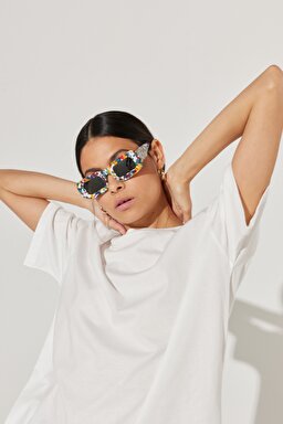 Loose Fit Rahat Kesim Bisiklet Yaka %100 Pamuk Kırık Beyaz Tişört - Off White-L231308102 (görsel 4)