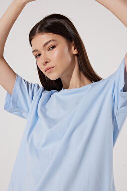 Loose Fit Rahat Kesim %100 Pamuk Bisiklet Yaka Mavi Tişört - Blue-L231308400 (görsel 2)