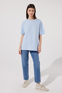 Loose Fit Rahat Kesim %100 Pamuk Bisiklet Yaka Mavi Tişört - Blue-L231308400 (görsel 3)