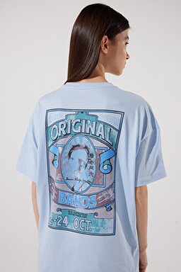 Loose Fit Rahat Kesim %100 Pamuk Bisiklet Yaka Mavi Tişört - Blue-L231308400 (görsel 4)