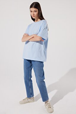 Loose Fit Rahat Kesim %100 Pamuk Bisiklet Yaka Mavi Tişört - Blue-L231308400 (görsel 5)