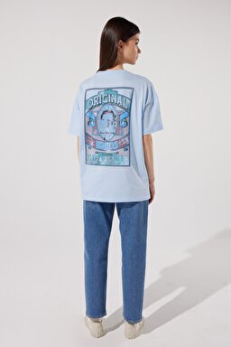 Loose Fit Rahat Kesim %100 Pamuk Bisiklet Yaka Mavi Tişört - Blue-L231308400 (görsel 6)