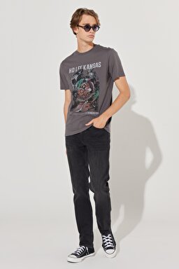 Regular Fit Normal Kesim %100 Pamuk Bisiklet Yaka Antrasit Tişört - Anthracite-L231311003 (görsel 5)