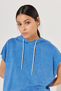 Regular Fit %100 Pamuk Kapüşonlu Yaka Mavi Kolsuz Sweatshirt - Blue-L231320400 (görsel 2)