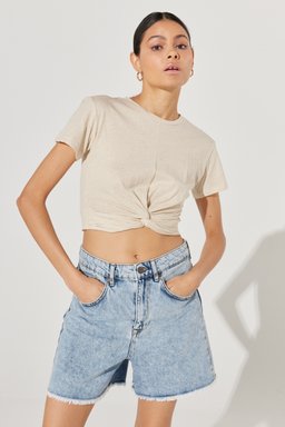 Regular Fit Normal Kesim Bisiklet Yaka Keten Crop Ekru Tişört - Ecru-L231551104