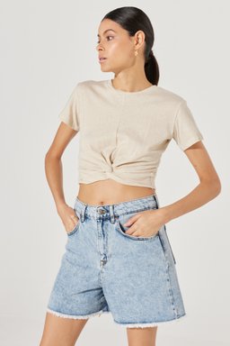 Regular Fit Normal Kesim Bisiklet Yaka Keten Crop Ekru Tişört - Ecru-L231551104 (görsel 2)