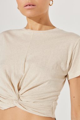 Regular Fit Normal Kesim Bisiklet Yaka Keten Crop Ekru Tişört - Ecru-L231551104 (görsel 4)