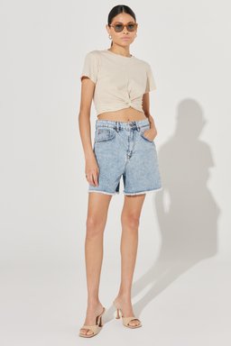 Regular Fit Normal Kesim Bisiklet Yaka Keten Crop Ekru Tişört - Ecru-L231551104 (görsel 5)