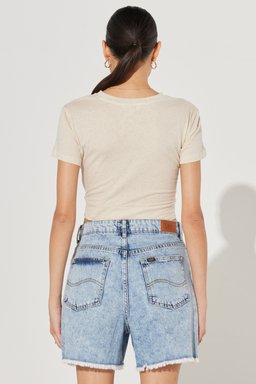 Regular Fit Normal Kesim Bisiklet Yaka Keten Crop Ekru Tişört - Ecru-L231551104 (görsel 6)