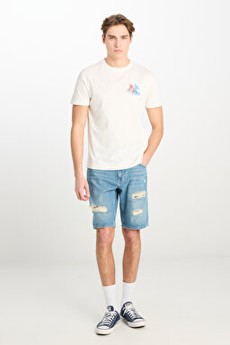 Regular Fit Normal Kesim %100 Pamuk Normal Bel Mavi Jean Kot Şort - Mid Blue-L231629XT (görsel 2)