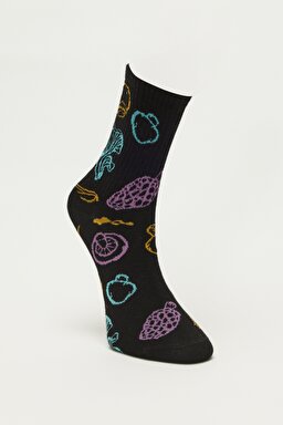 Yüksek Kesim Desenli Siyah Tekli Çorap - Black-L231683001