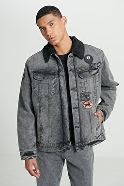 Trucker Regular Fit %100 Pamuk Sherpa Yaka Siyah Jean Kot Ceket - Black-L232088001 (görsel 2)